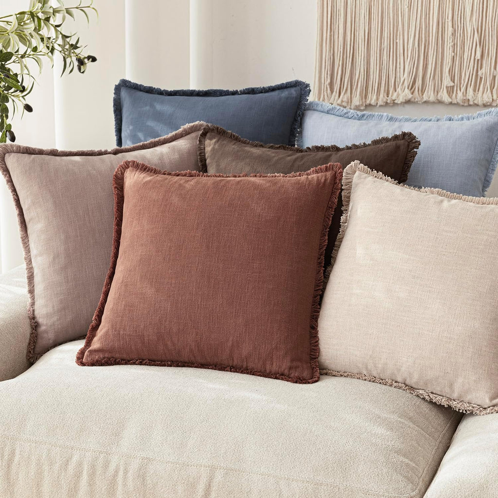 Foindtower Decorative Linen Fringe Throw Pillow Covers 20×20 Inch,Rust Red