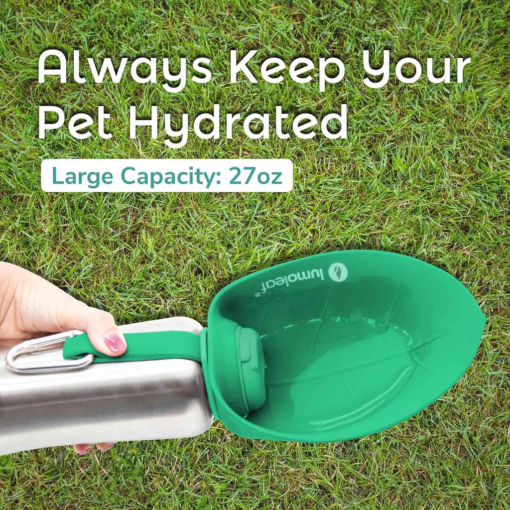 LumoLeaf Portable Dog Water Bottle 27 OZ, Stainless Steel Pet Travel Water Bottle Dispenser for Walking, Hiking and Outdoor, Portable Water Bowl for Large Dogs (Green)