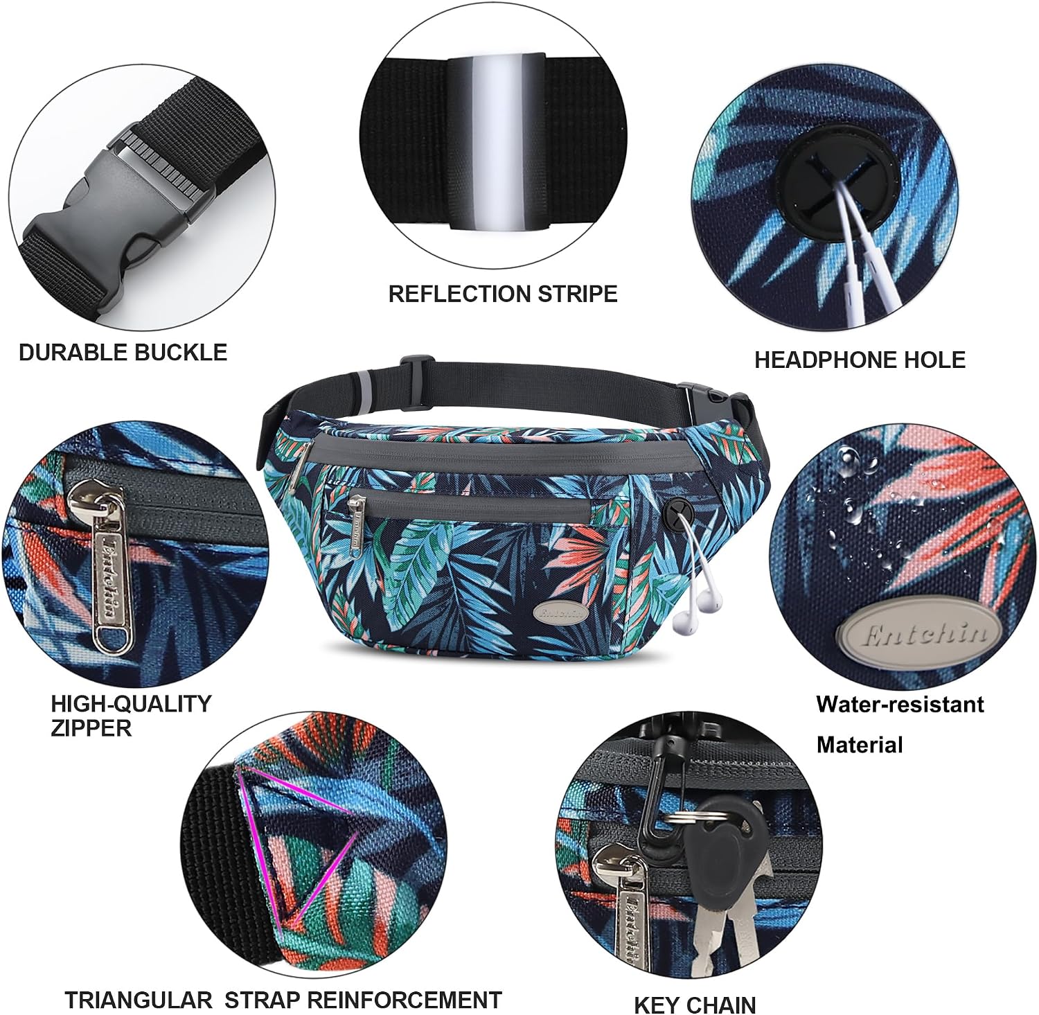 Entchin Water-Resistant Fanny Pack, 4-Zipper Belt Bag
