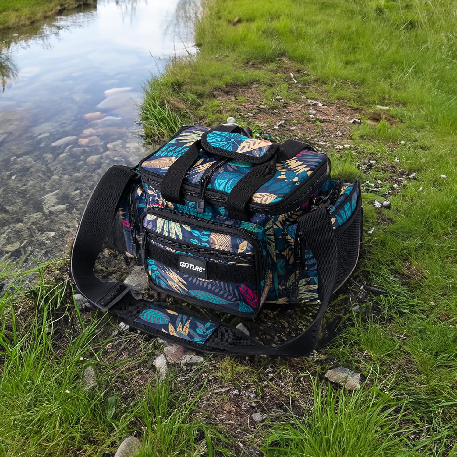 Goture Fishing Tackle Bag, Freshwater Saltwater Fishing Bag, Blue Leaf