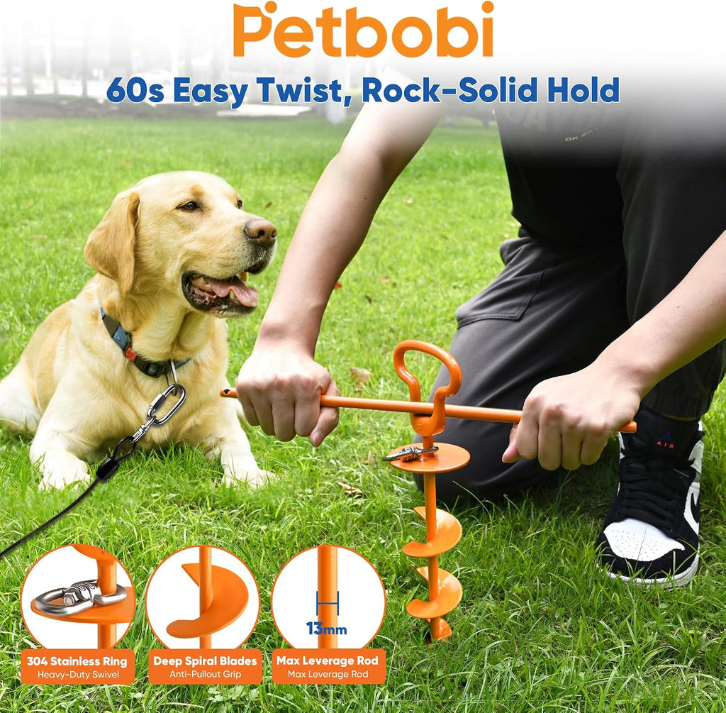 Petbobi Dog Tie Out Cable & Stake, Heavy Duty 20FT Lead for 300lbs Dog
