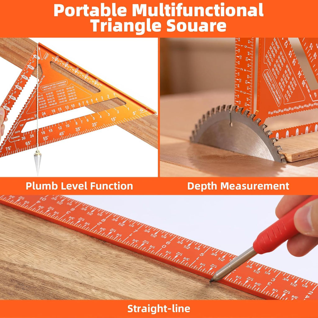 2pcs Rafter Square, 12-inch & 7-inch Carpenter Sqaure Set withWoodworking Pencil, Carpenter Measuring Layout Tool,Aluminum Alloy Triangle Ruler for Woodworking- Imperial