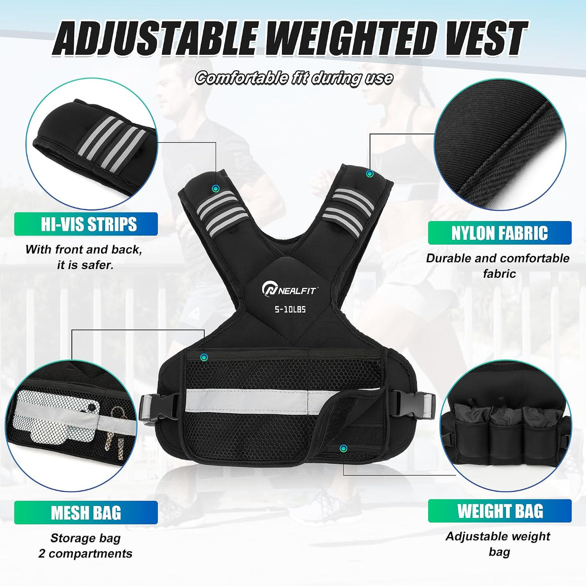 NEALFIT Weighted Vest for Women and Men, 5-10lb/11-20lb/18-30lb Adjustable Weighted Vest with Reflective Strip, Body Weight Vest for Walking, Running, Fitness, Strength Training