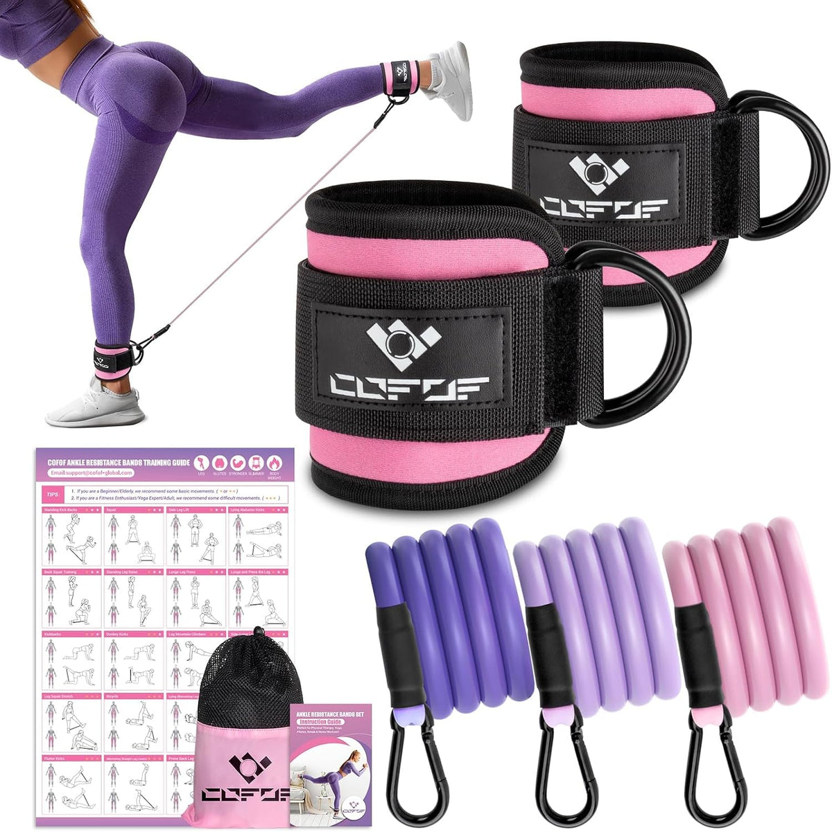 Ankle Resistance Bands with Cuffs, Leg Exercise Equipment with Poster