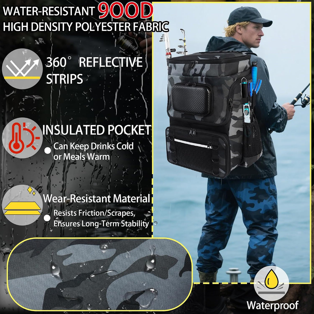 Fishing Backpack with Rod Holder, Large 50L Tackle Bag Water Resistant Tackle Backpack Heavy Duty Fishing Bag Gift for Men Woman