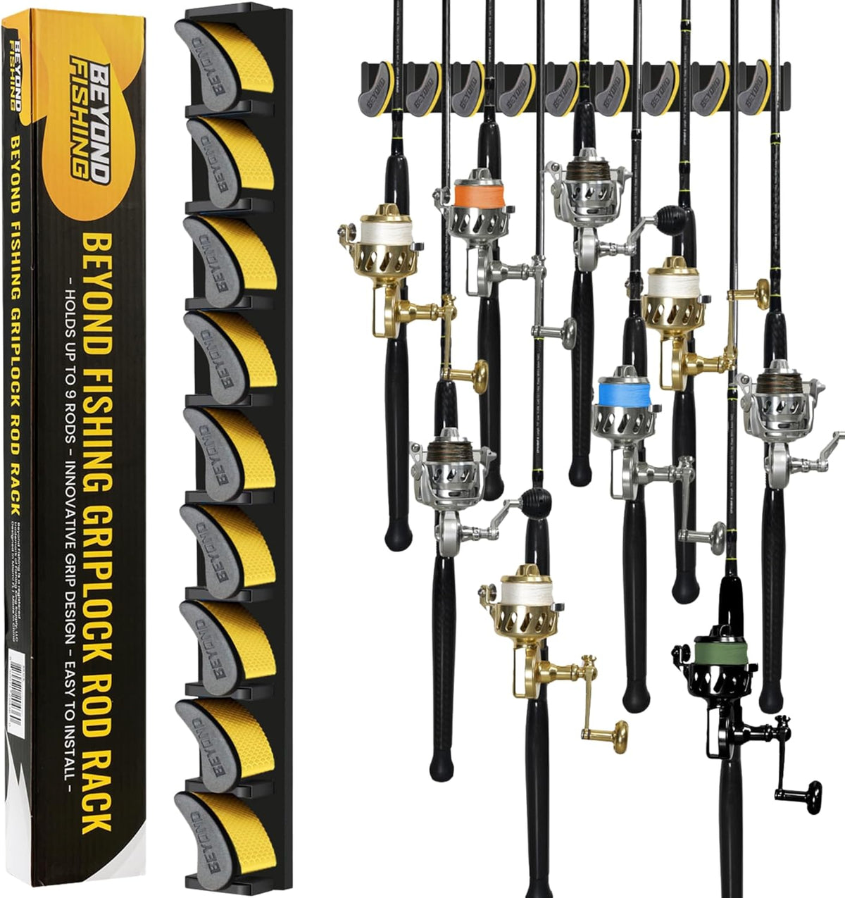 Beyond Fishing GripLock Vertical Fishing Rod Rack – Wall-Mounted Fishing Rod Holder for Garage – Stores Up to 9 Rods or Combos –Space-Saving Durable Fishing Rod Holders for Serious Anglers