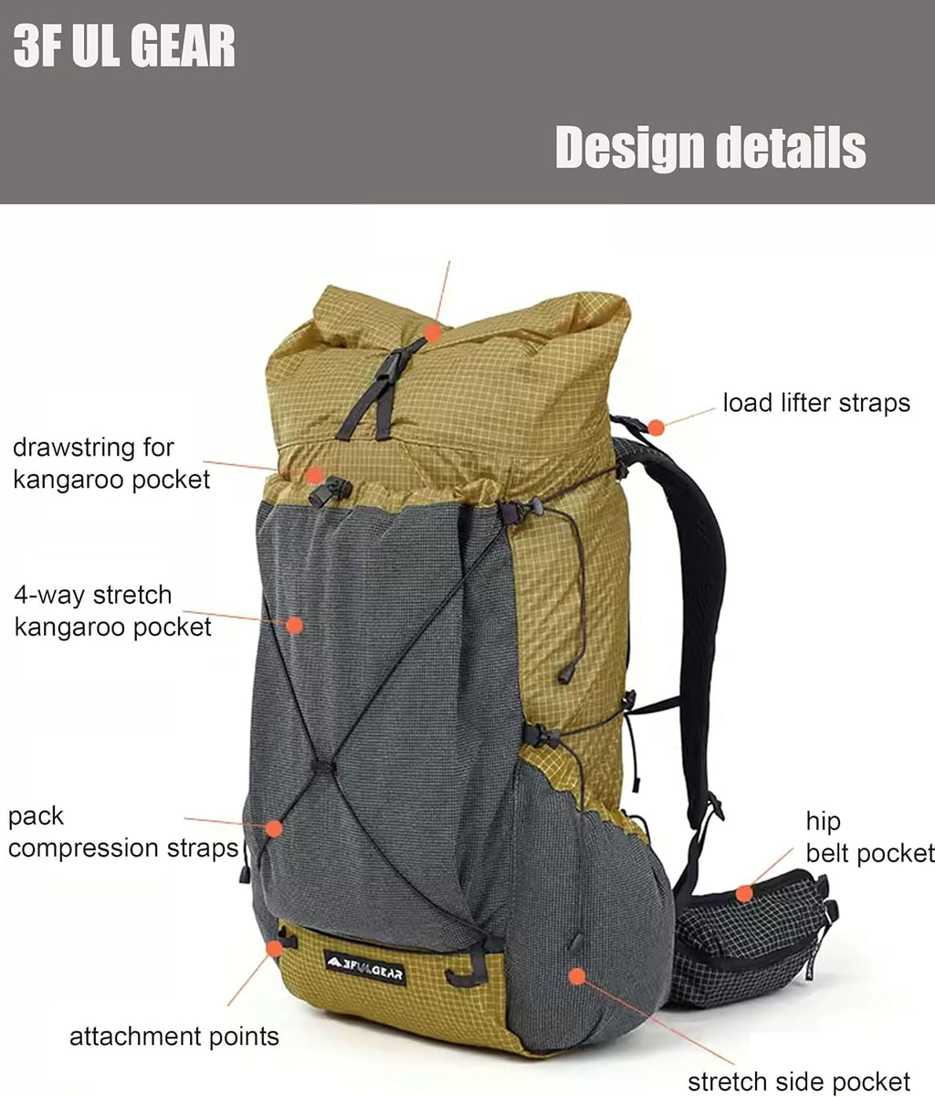3F UL GEAR 30L+10L UHMWPE Ultralight Waterproof Hiking Backpack Daypack Outdoor Camping Travel Backpack for Men Women (Elegant Black, Large)