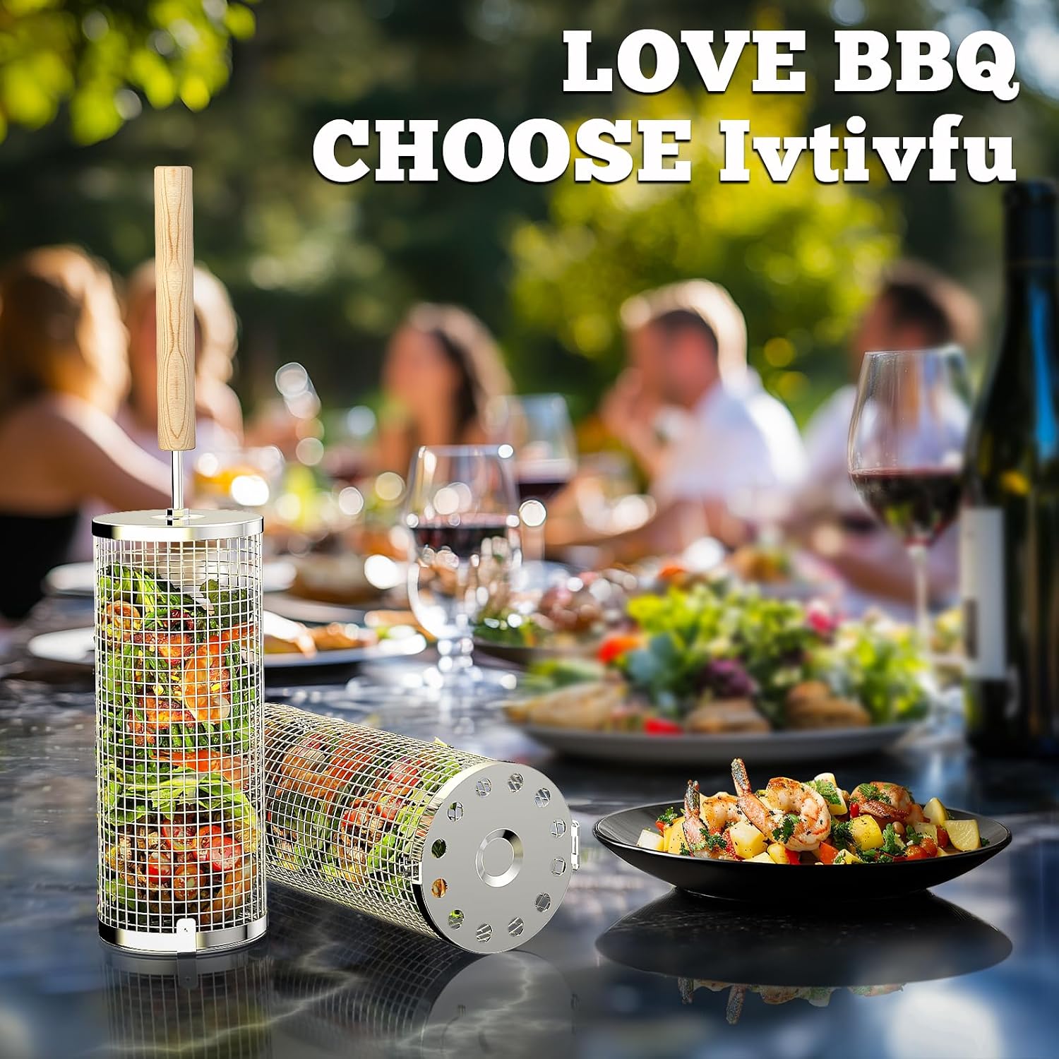 ivtivfu Rolling Grill Basket, Removable Wooden Handle, Nesting BBQ Tools