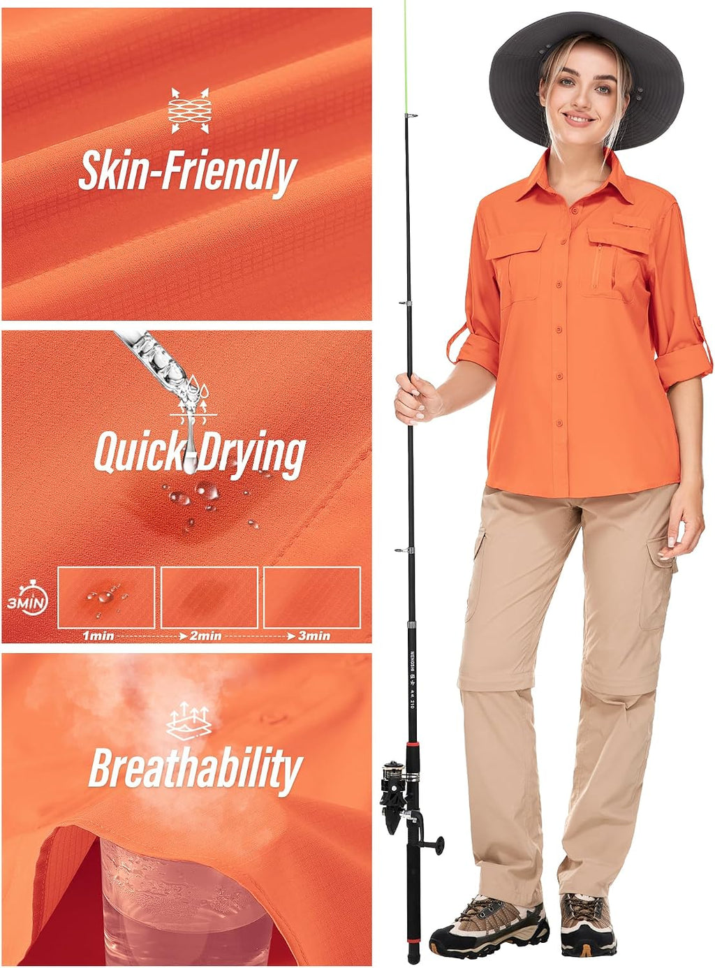 Women's UPF 50 Long Sleeve Sun Protection Safari Fish Hiking Shirts