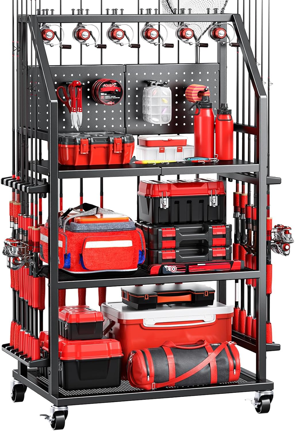 Large Fishing Pole Holders with Wheels for Garage,3 Tier Heavy Duty Metal Fishing Organizer Stand storage 20 Fishing Rod with 4 Hooks and Pegboard for Gear and Equipment Accessories