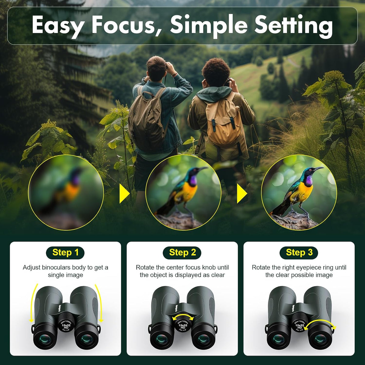Aurosports 15x52 Waterproof Binoculars for Adults Hunting Binoculars Green
