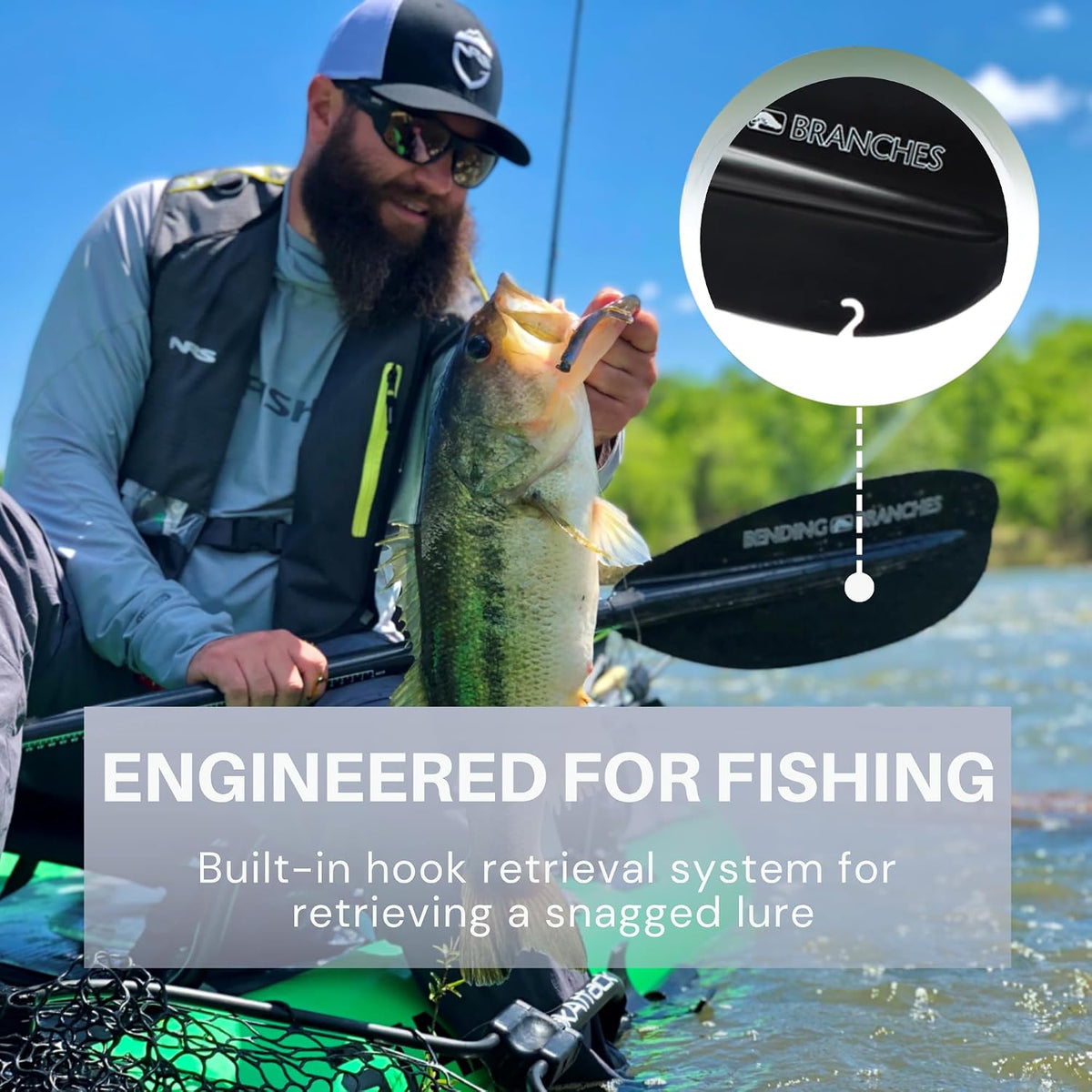 Bending Branches Angler Ace Snap-Button Kayak Fishing Paddle – Lightweight Carbon Shaft, Carbon-Reinforced Nylon Blades, 2-Piece Design, Durable Performance for Fishing & Touring Kayaks