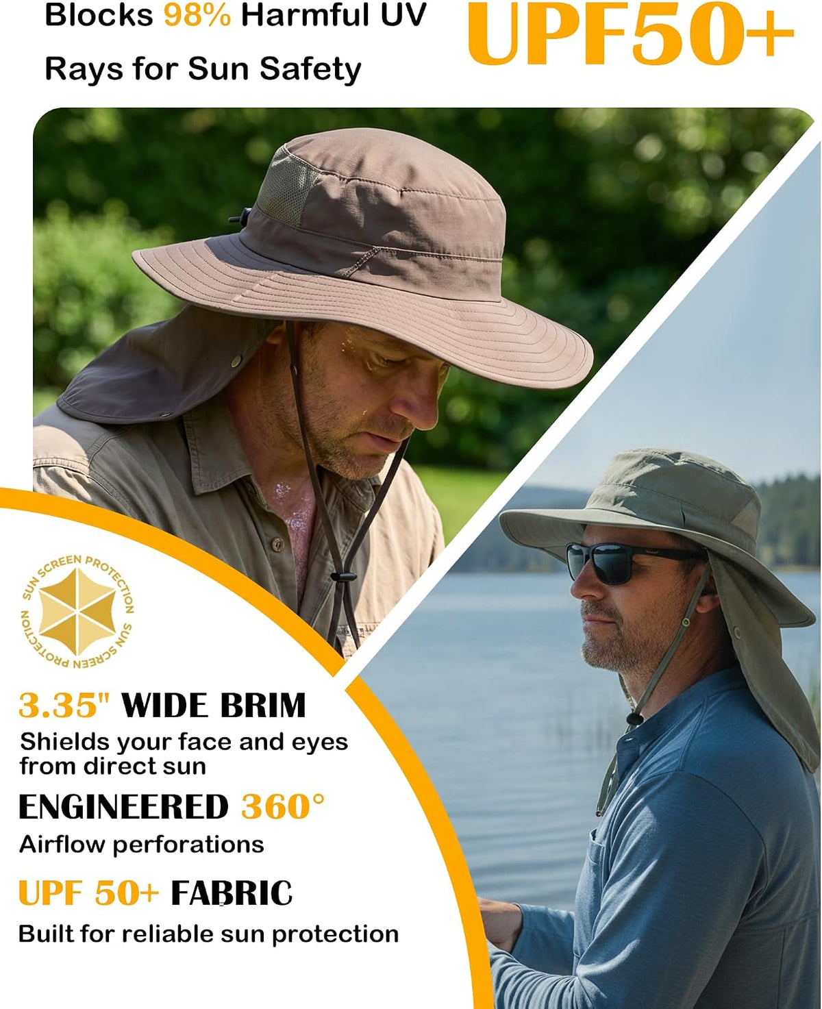 Home Prefer UPF 50+ Wide Brim Sun Hats with Neck Flap Sun Protection Hat for Men Women Gardening Fishing Summer Bucket Hat