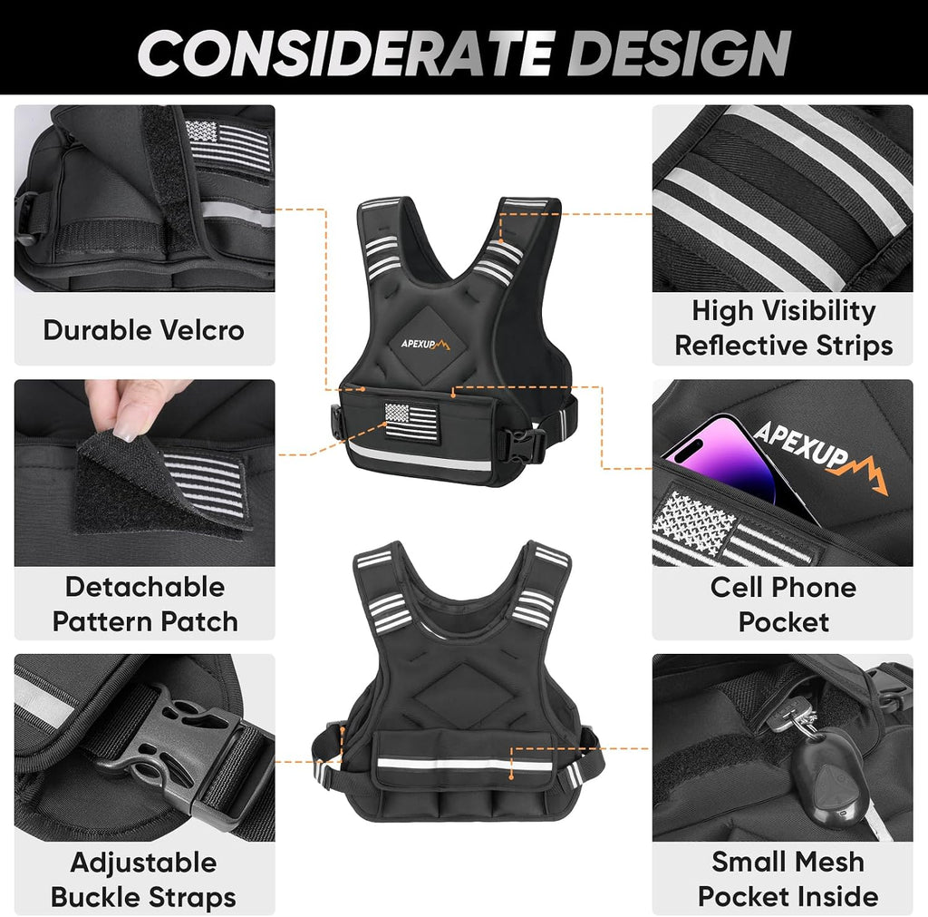 APEXUP Adjustable Weighted Vest, 4-10lb/12-18lb/20-32lb Vest with 6 Ironsand Weights and Large Pocket, Weight Vest for Men Women Strength Training, Running, Walking