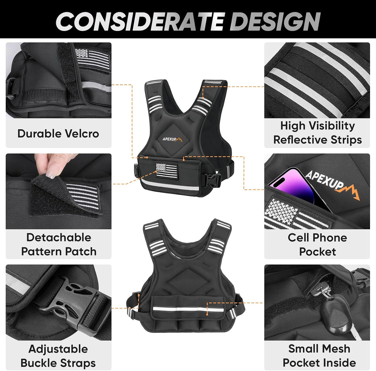 APEXUP Adjustable Weighted Vest, 4-10lb/12-18lb/20-32lb Vest with 6 Ironsand Weights and Large Pocket, Weight Vest for Men Women Strength Training, Running, Walking