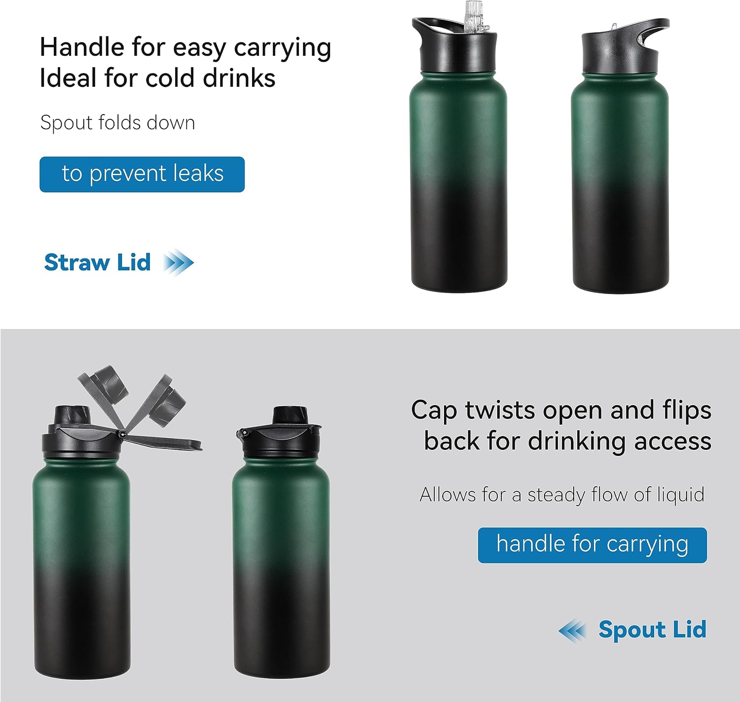 VEGOND 32 oz Insulated Water Bottle Bulk Stainless Steel Metal Water Bottles with Leak Proof Straw Lid & Spout Lid, Wide Mouth Double Walled Vacuum Travel Sports Bottle, 4 Pack