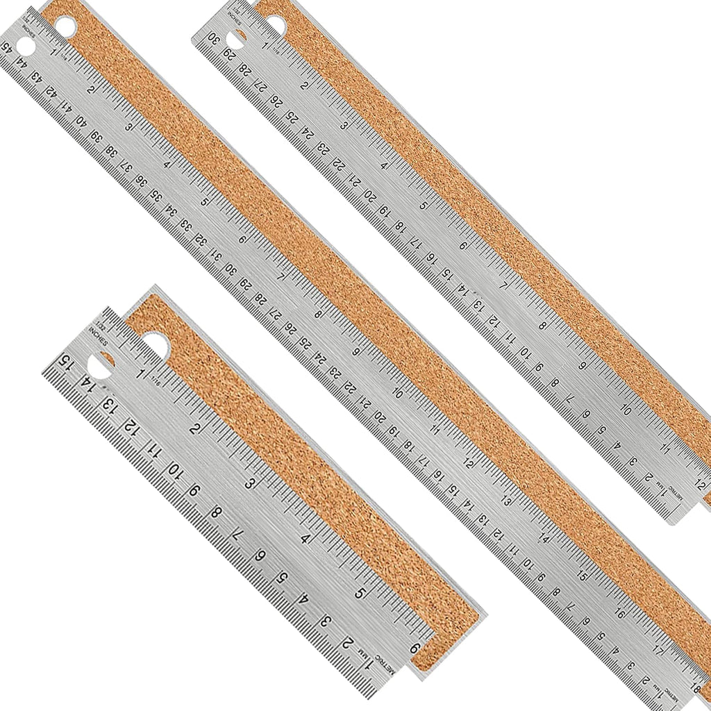 Metal Ruler with Cork Backing, 6+12+18 Inch, Non-Slip Straight Edge