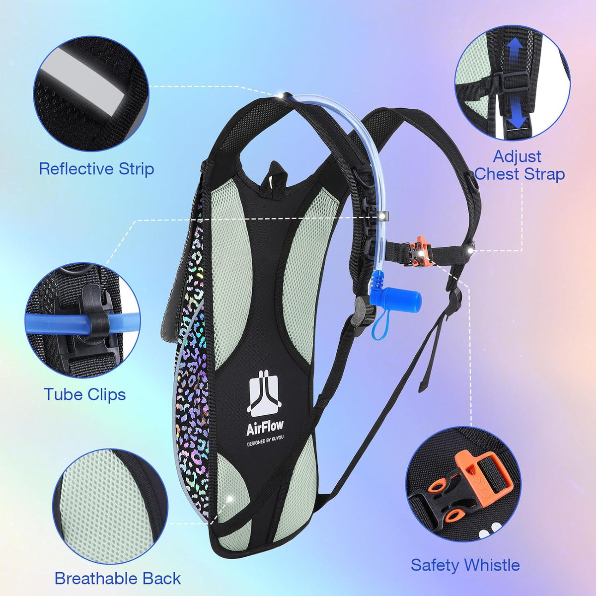 KUYOU Rave Hydration Pack, Hydration Backpack with 2L Hydration Bladder, Festival Essential Water Backpack for Hiking, Running, Cycling, and Music Festivals