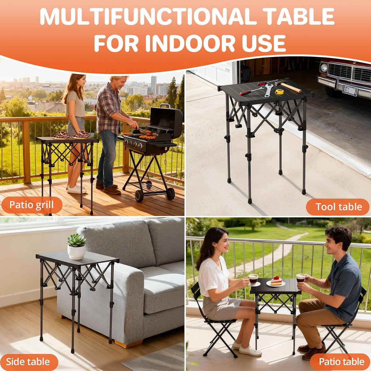 FUNYKICH Folding Camping Square Table, 2 Height Adjustable 17.3'' & 27.6''