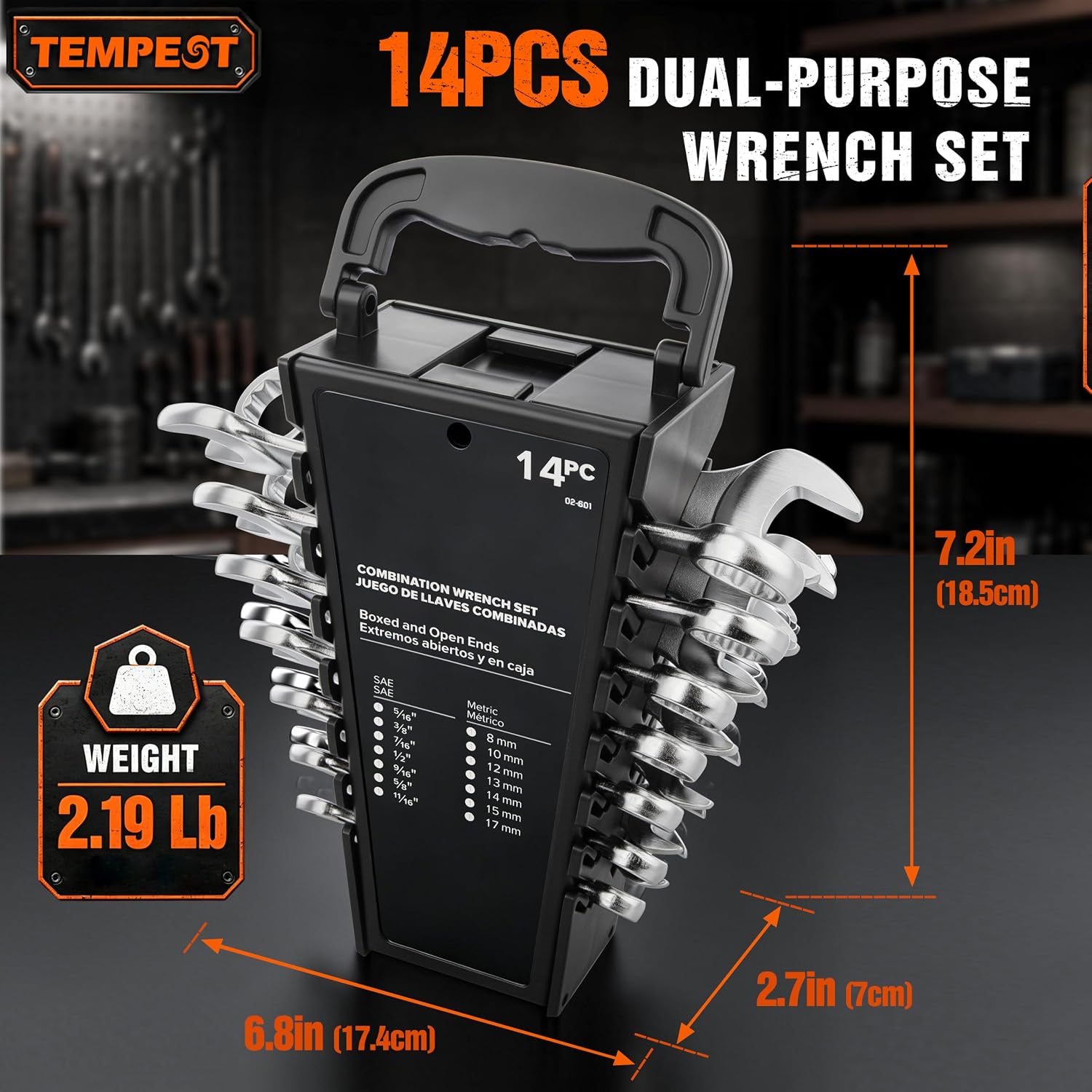 Tempest 14 Piece Combination Wrench Set, Metric & SAE (8-17mm, 5/16-11/16 inch) with Compact Organizer Rack, Drop Forged Steel Mechanics Hand Tools Kit for Automotive Repair, Home DIY, Workshops