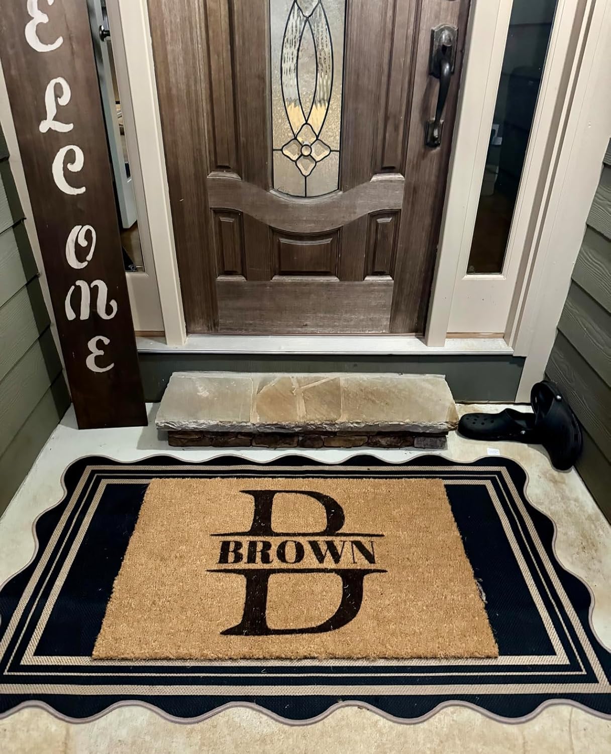 Scalloped Easy Jute 3x5 Front Door Mat, Washable Rugs for Entryway Black Outdoor Patio Rug, Farmhouse Neutral Non Slip Indoor Carpet for Porch Backyard