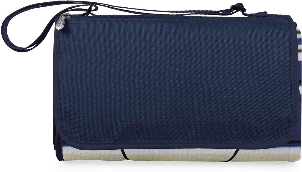 ONIVA Blanket Tote XL Outdoor Picnic Blanket, 70"x80" Foldable Beach Blanket with Fleece Top, Water-Resistant Backing, Strap & Pocket, Portable Mat for 4-5 People by Picnic Time (Blue Stripe/Navy Flap)