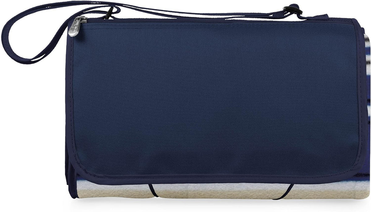 ONIVA Blanket Tote XL Outdoor Picnic Blanket, 70"x80" Foldable Beach Blanket with Fleece Top, Water-Resistant Backing, Strap & Pocket, Portable Mat for 4-5 People by Picnic Time (Blue Stripe/Navy Flap)