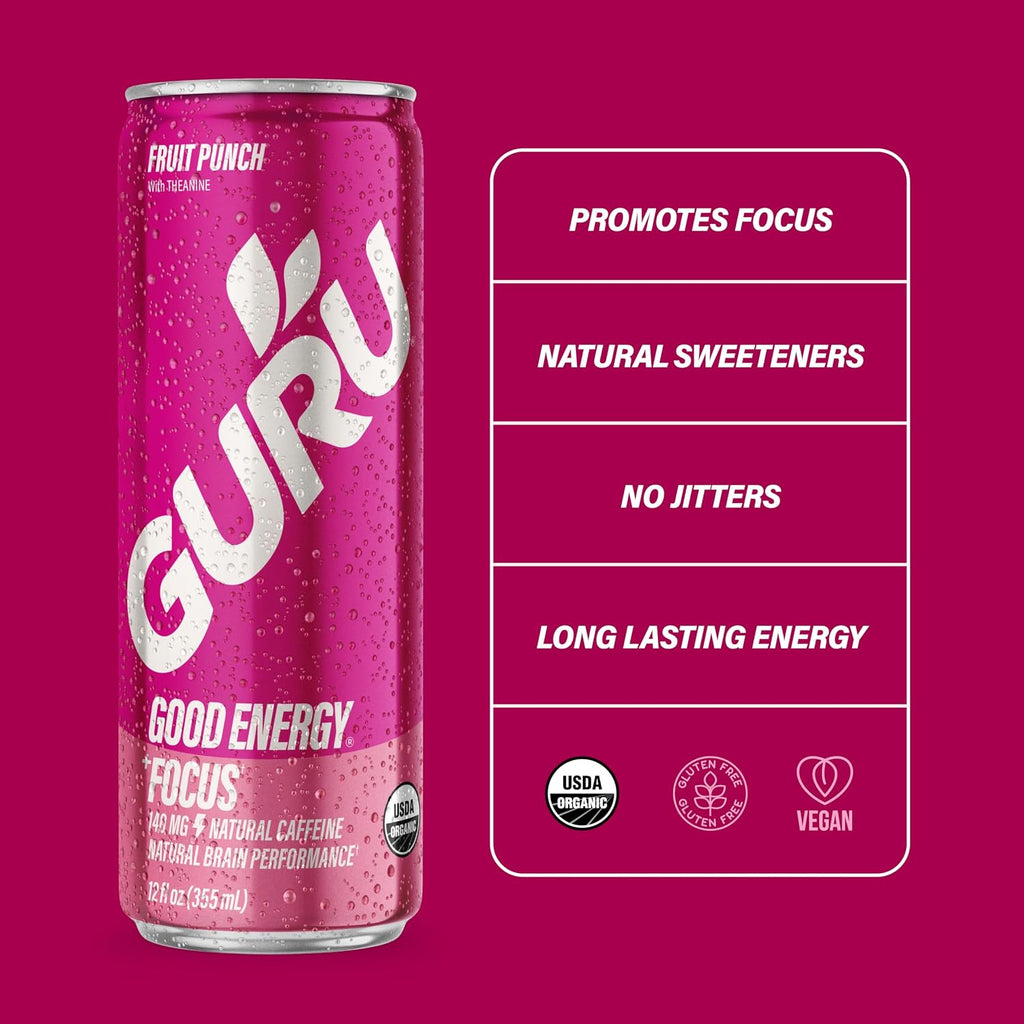 GURU Organic Energy Drink, Fruit Punch, Natural Caffeine, 12 Fl Oz, 24 Pack