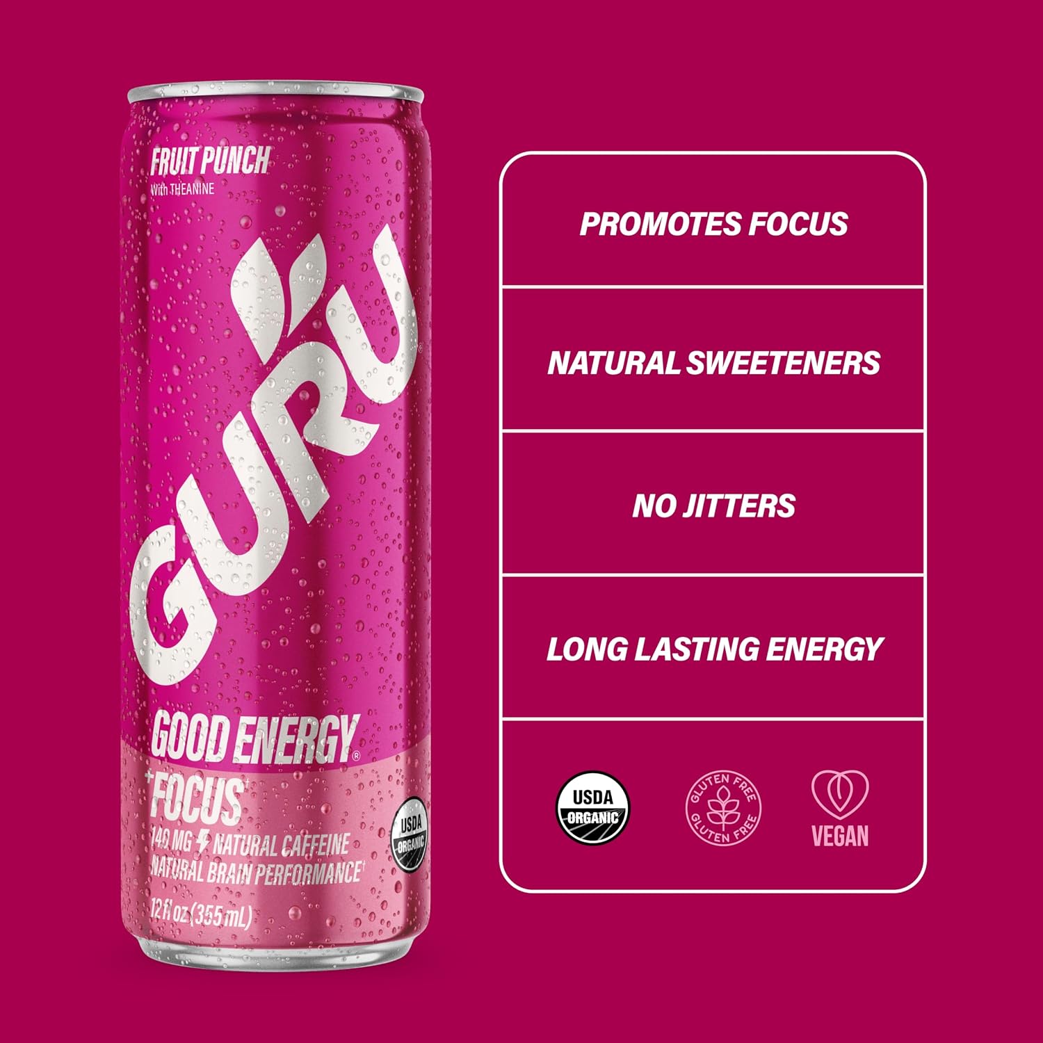 GURU Organic Energy Drink, Fruit Punch, Natural Caffeine, 12 Fl Oz, 24 Pack