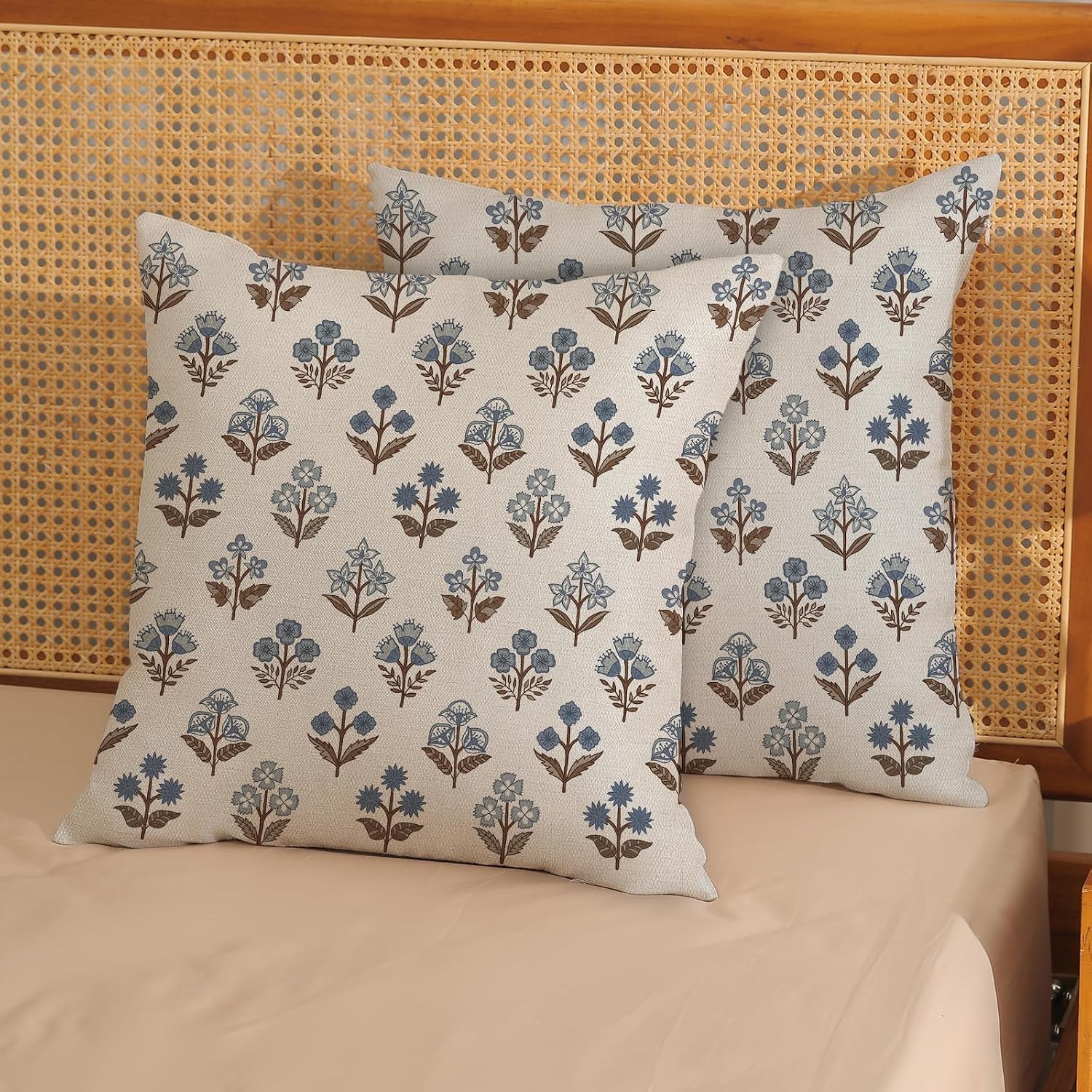 Blue Brown Pillow Covers 18x18 Inch 2 Pcs Block Print Vintage Floral Decor Throw Pillows Boho Flower Spring Summer Outdoor Seasonal Decoration Pillowcase Linen Cushion Cover for Couch Sofa