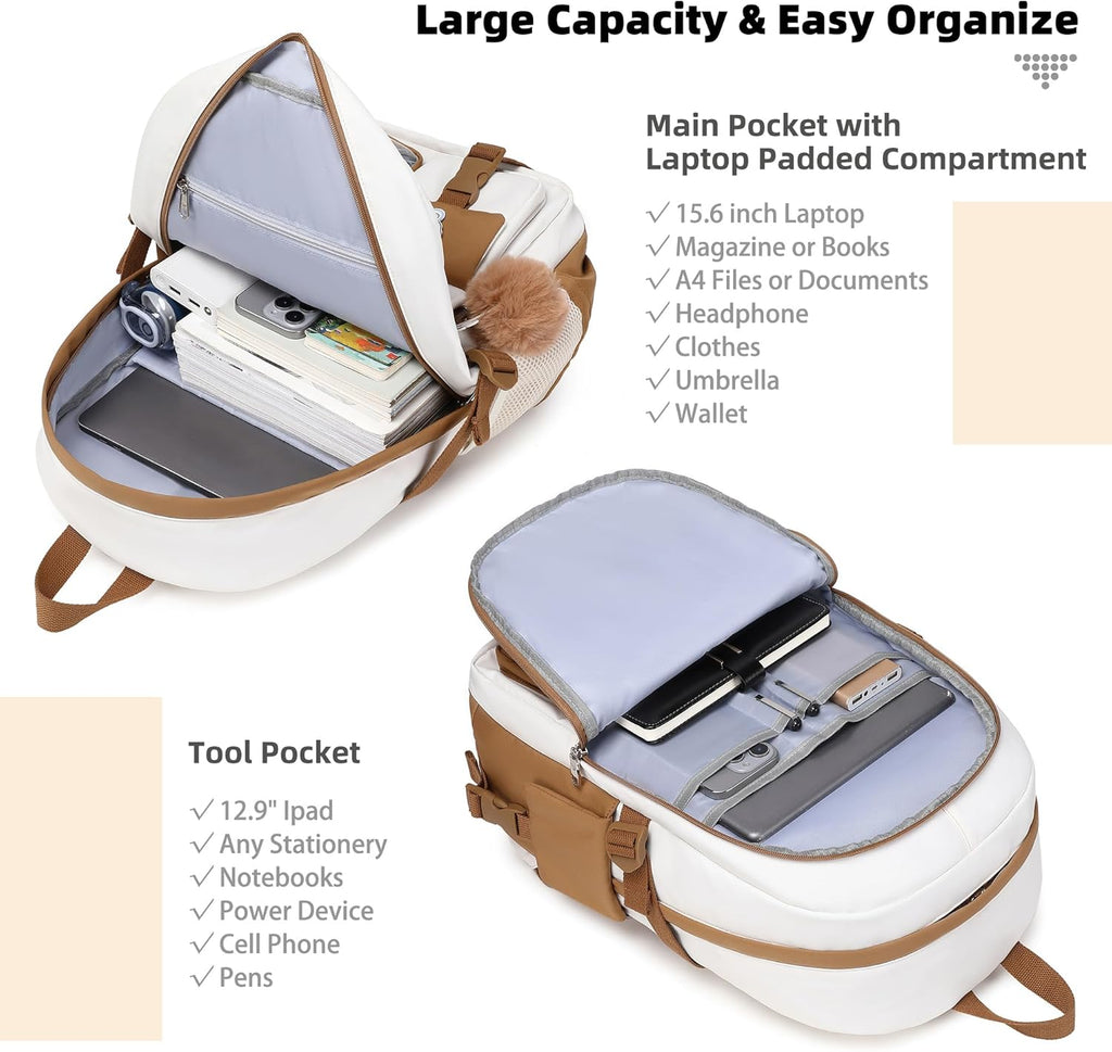 Backpack for Girls with Accessories Laptop Bookbags 16 Inch Kawaii Kids Elementary Middle High School Bag College Travel Daypack Gifts for Teens Women Students (Beige Khaki)