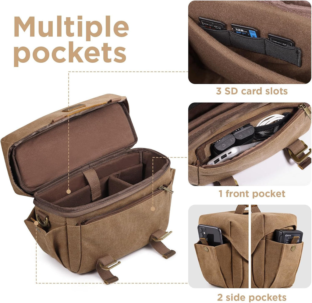 SMRITI Canvas DSLR Camera Bag, Camera Messenger Bag for Photographers,Travel Waterproof Shoulder Camera Case for Men Women (Brown)