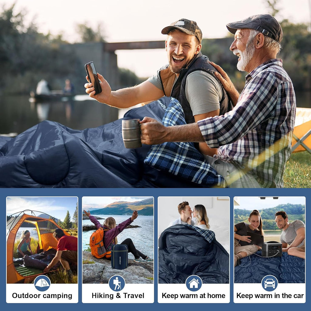 Double Sleeping Bag for Adults Machine Washable 2 Person Camping Sleeping Bag Queen Size Waterproof with Compression Sack for Cold Weather 3-4 Seasons