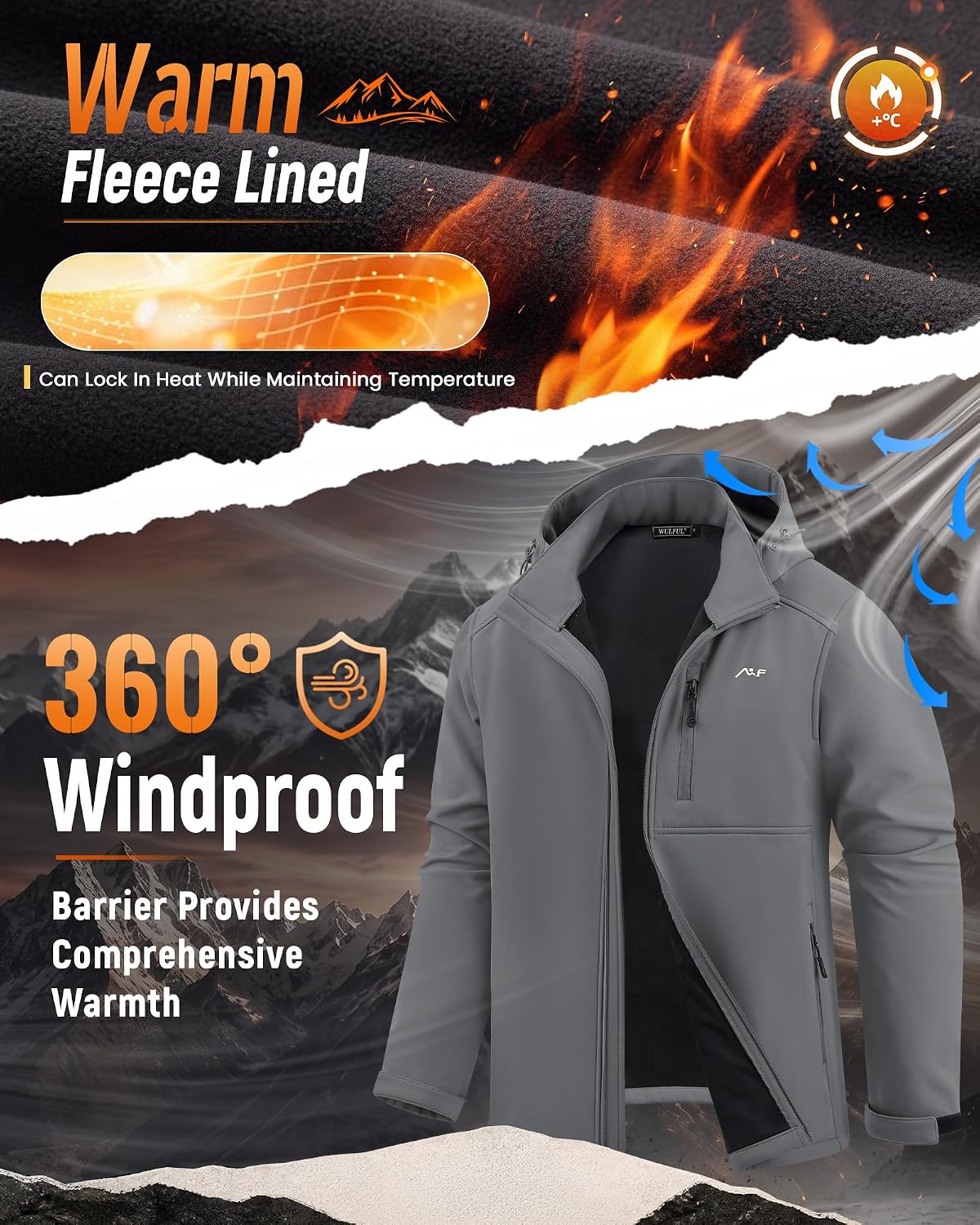 WULFUL Men's Softshell Jacket Waterproof Lightweight Insulated Windbreaker Fleece Lined Rain Shell Jacket for Hiking Travel