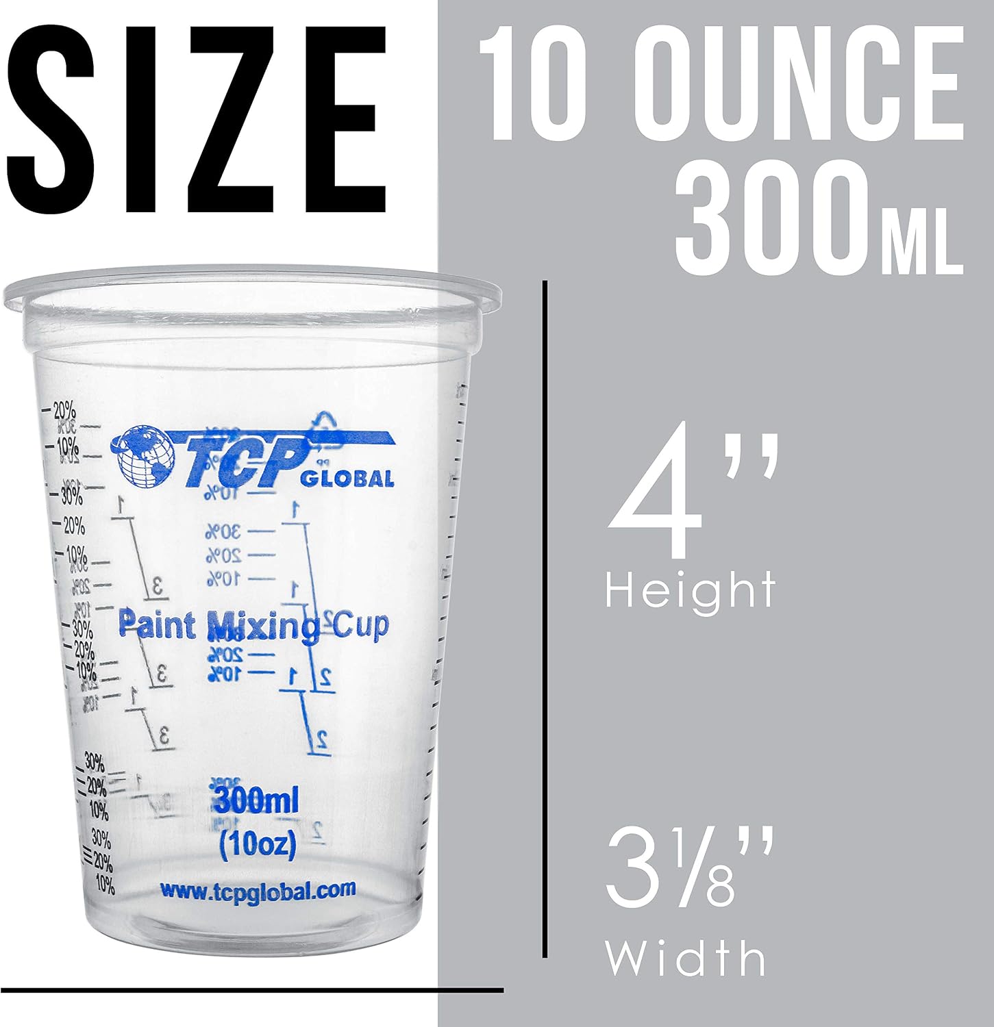 TCP Global 10 oz. (300ml) Graduated Plastic Mixing Cups - Box of 50