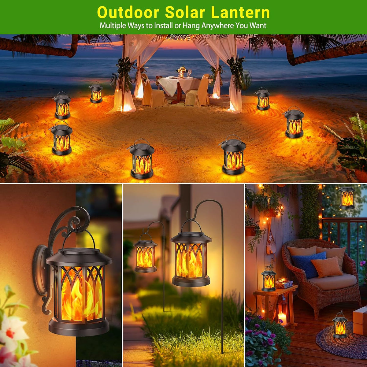 KOOPER 4 Pack Solar Lantern Outdoor Lights, Upgraded Flickering Flame Solar Lanterns Lights Outdoor Waterproof, Hanging Lantern Decorative, Solar Powered Lanterns for Yard Patio Path Tree Garden Decor