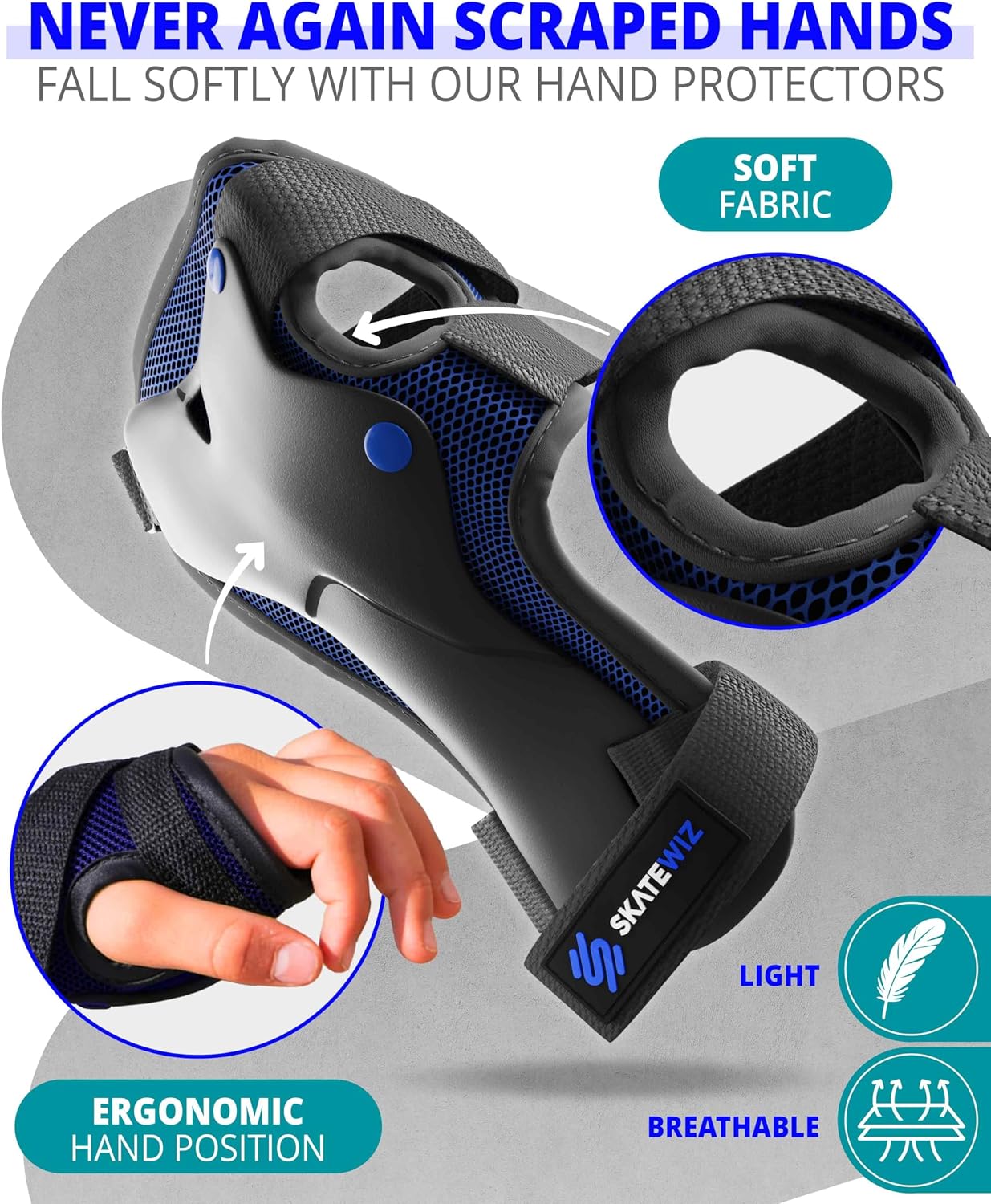 SKATEWIZ Skateboard Pads Protective Gear Set for Kids and Adults - Smash - Roller Skate Pads [6pc] with Wrist Guards - Skating Protective Gear - Roller Derby