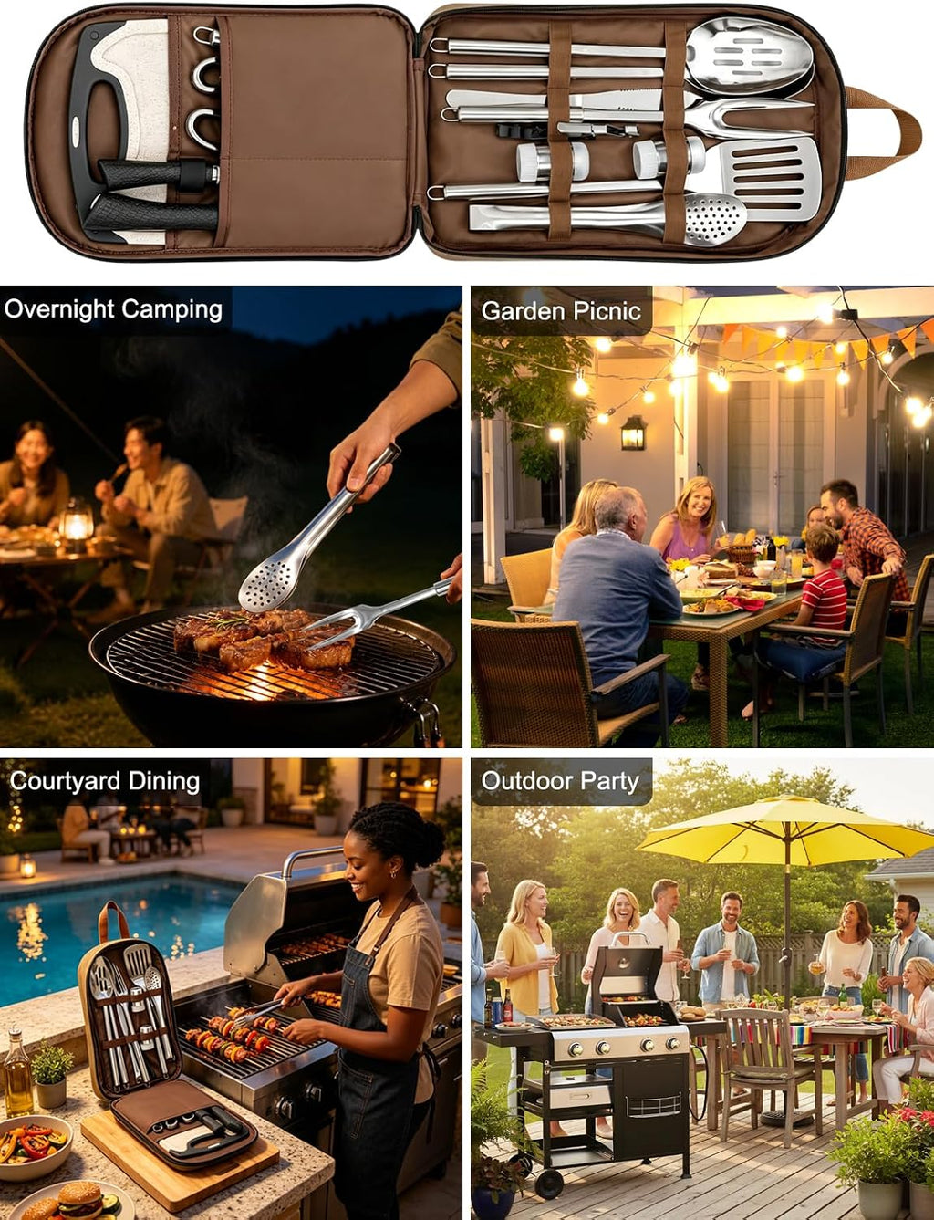 Portable Camping Utensil Set, 15PCS Camping Cookware with Organizer Cooking Kit Stainless Steel Accessories with Knife Fork Spoon RV Essentials Cook Equipment for Picnics BBQs Travel