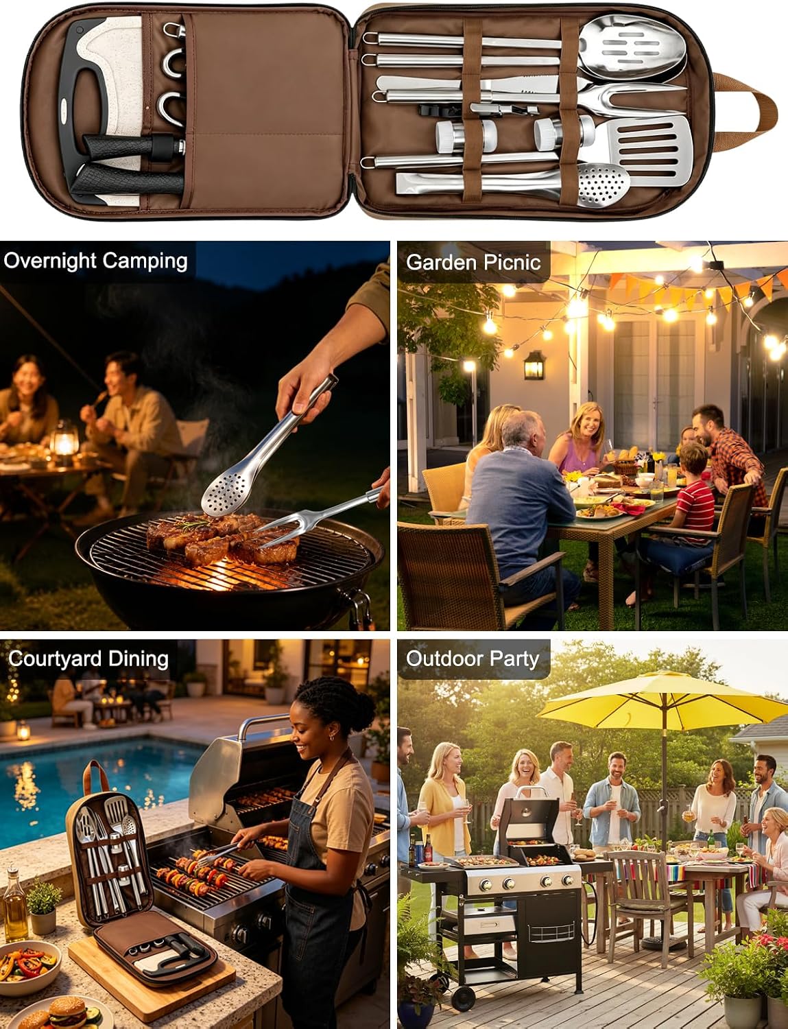 Portable Camping Utensil Set, 15PCS Camping Cookware with Organizer Cooking Kit Stainless Steel Accessories with Knife Fork Spoon RV Essentials Cook Equipment for Picnics BBQs Travel