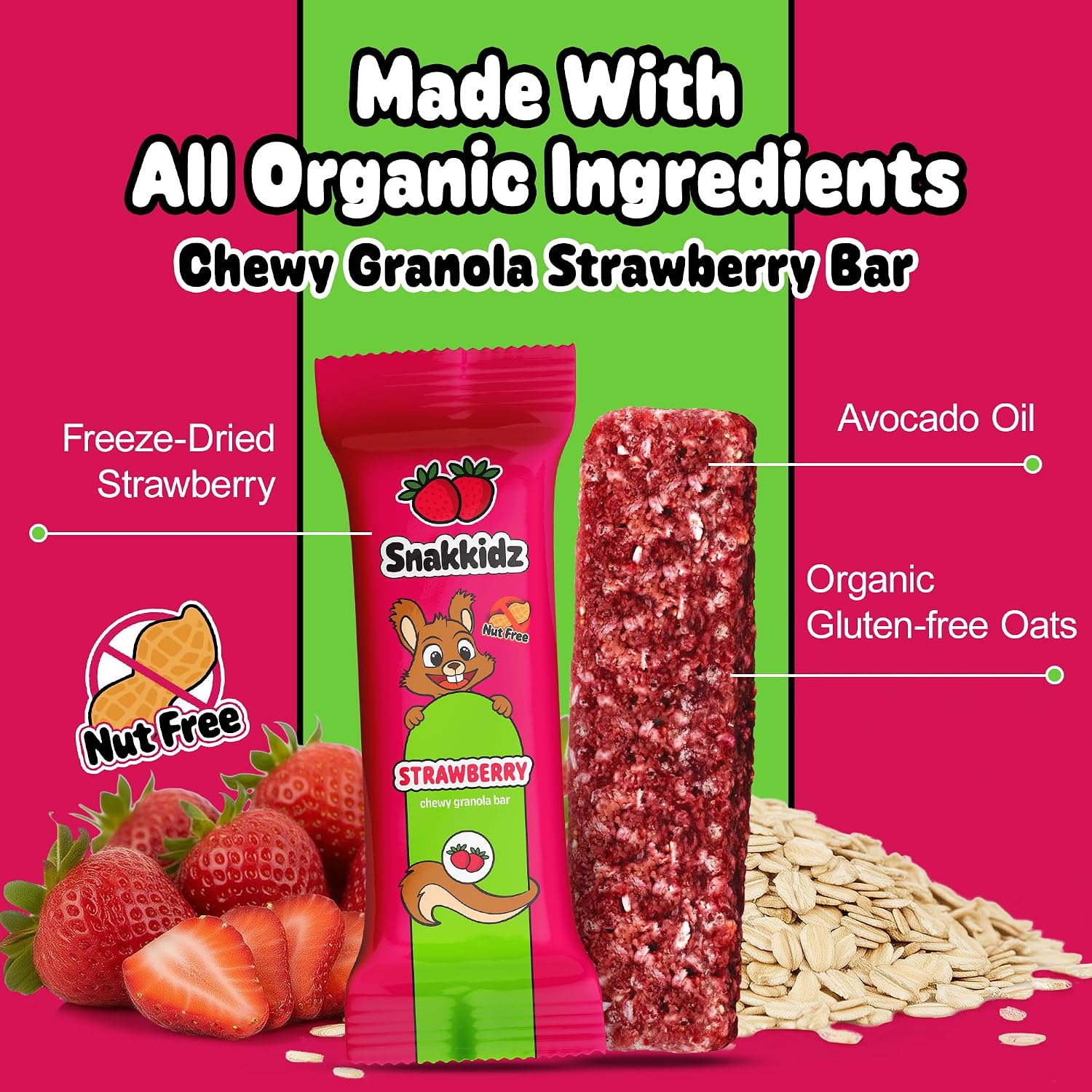 Snakkidz Organic Granola Bars, Strawberry, Seed oil free, 45 Bars
