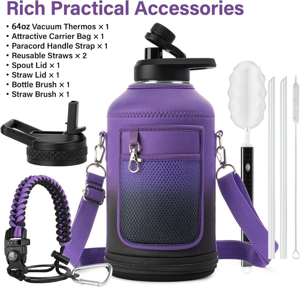 DYSANKY Insulated Water Bottle w/Straw Lid & Portable Carrier Bag, 64oz
