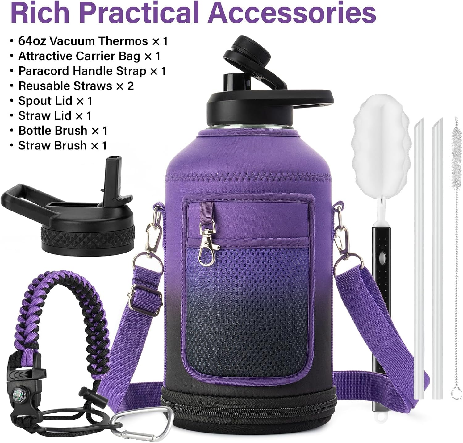 DYSANKY Insulated Water Bottle w/Straw Lid & Portable Carrier Bag, 64oz