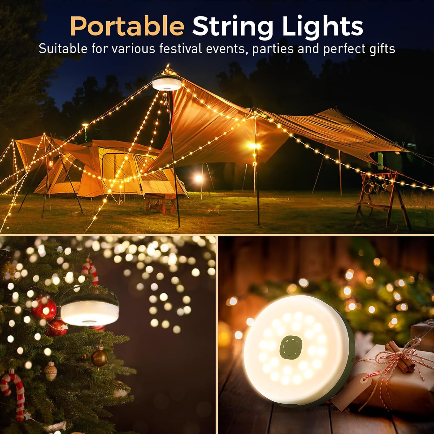 Camping String Lights, 32.8FT Rechargeable with Storage Reel, 8 Modes | Quick Storage Rechargeable Tent Light,Waterproof Hanging LED Design for Awning Patio Indoor Outdoor Decor Camping Essentials