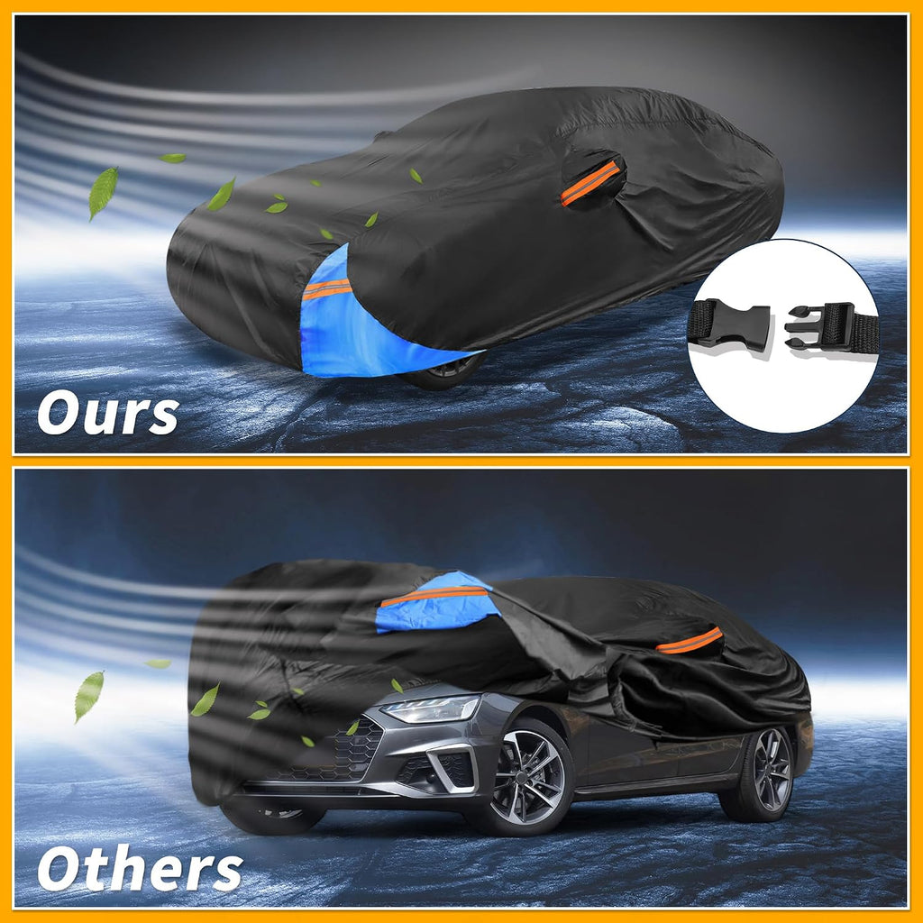 Waterproof All-Weather Universal Car Cover with Right Side Zipper, 210D-PU Black Blue Fits for Sedan 177" to 185" Length