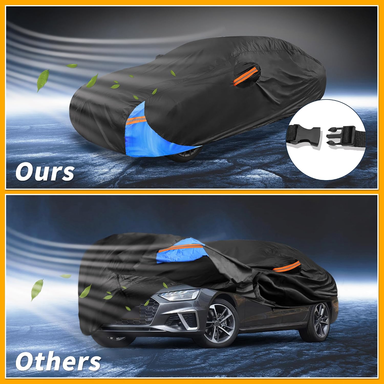 Waterproof All-Weather Universal Car Cover with Right Side Zipper, 210D-PU Black Blue Fits for Sedan 177" to 185" Length