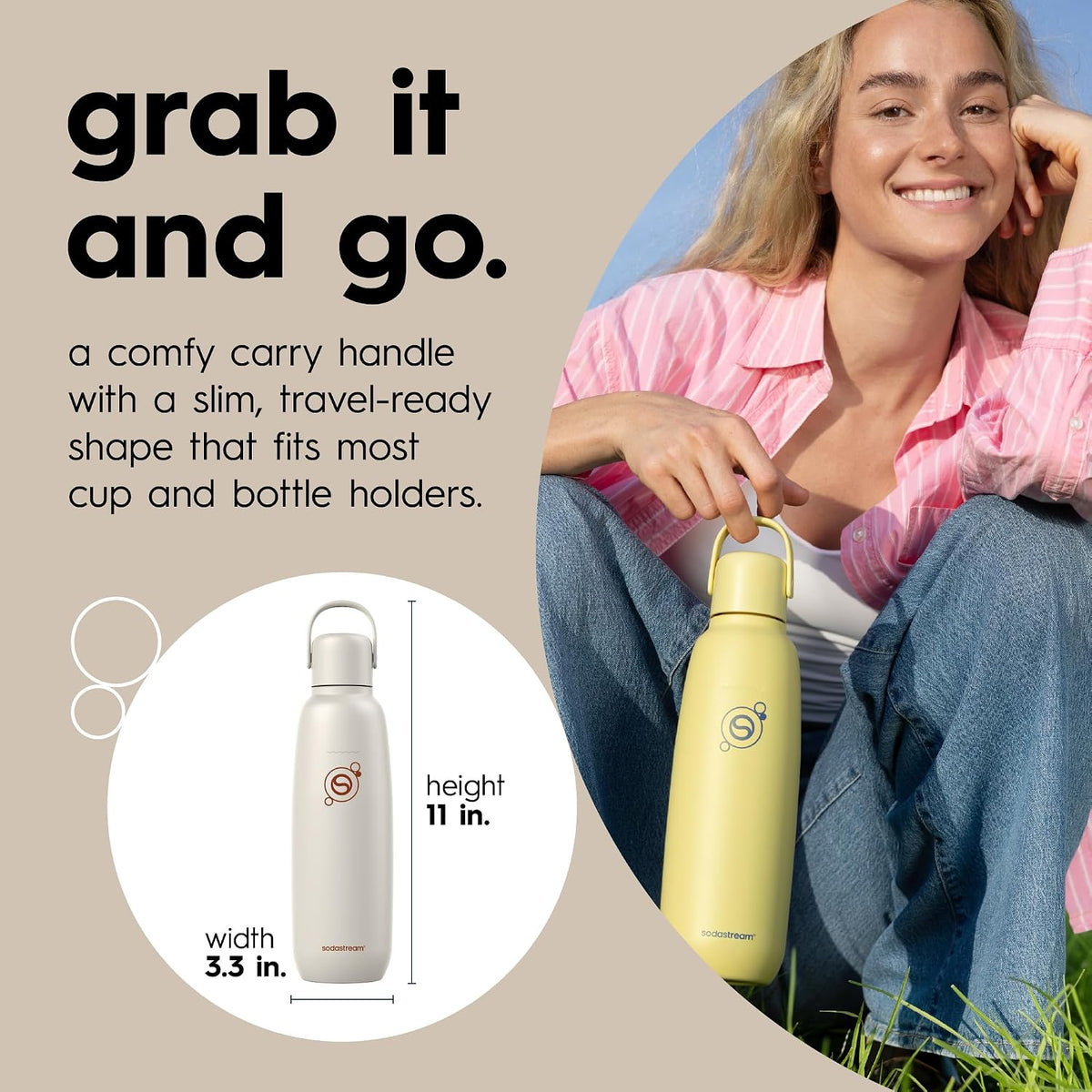 sodastream Fizz & Go Cool, Stainless Steel Carbonated Water Bottle 0.9L, Insulated Metal Bottle for Sparkling Water, Compatible with TERRA, ART, ENSO & More in Sand Beige