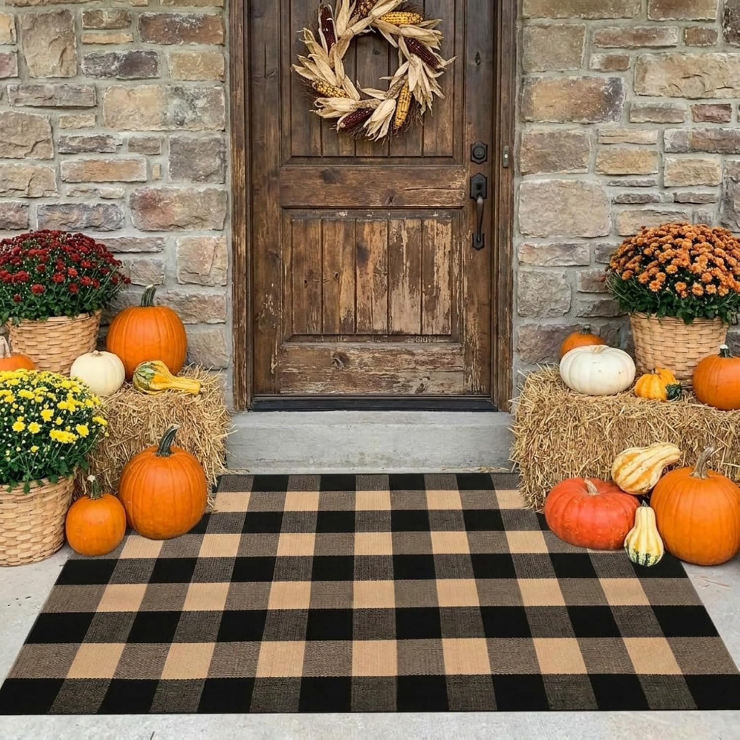 MUBIN Fall Decor Cotton Buffalo Plaid Rug, 3' x 5' Coffee Black Outdoor Rug Front Door Decorative Mat, Washable Doormat Hand-Woven Foldable Area Rug Layered Door Mats Rug for Front Porch, Entryway