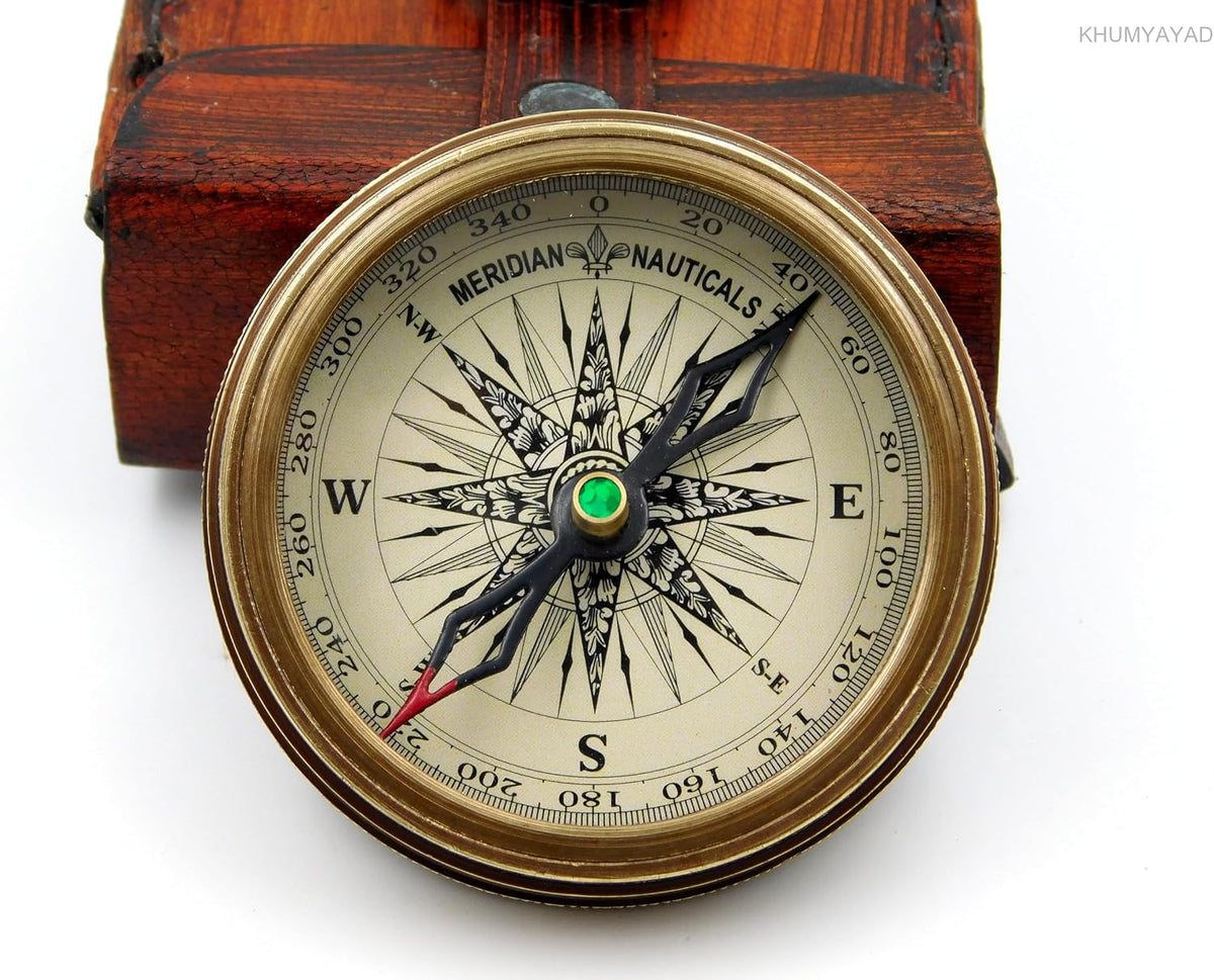 Brass Hand Made Fully Functional Compass with Leather Case & Robert Frost Poem Engraved