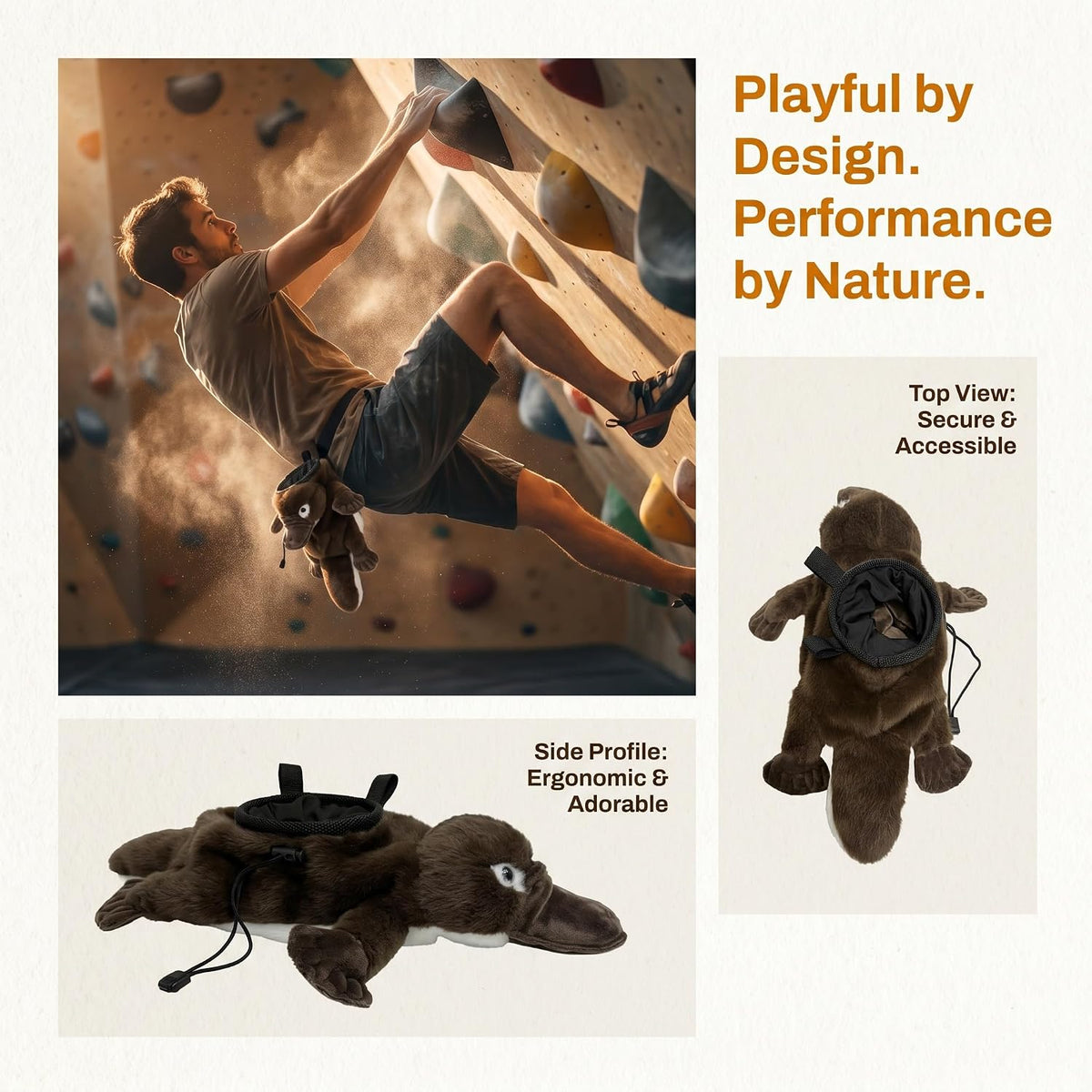 Platypus Climbing Chalk Bag, Cute Plush Animal Chalk Bag with Drawstring Closure & Adjustable Belt Loops, Chalk Bag for Rock Climbing Bouldering, Unique Climbing Gear Gift for Climbers