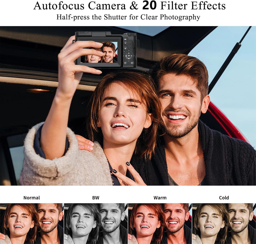5K Digital Camera for Photography 64MP Auto-Focus Vlogging Camera for YouTube 3" 180° Flip Screen Compact Travel 18X Digital Zoom, Anti-Shake 2 Batteries & 32GB TF Card